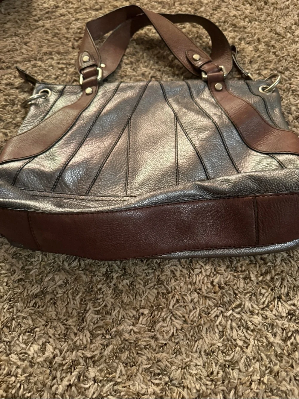 Vintage Fossil Metallic Leather Shoulder Bag Pewter Bronze Cognac Trim